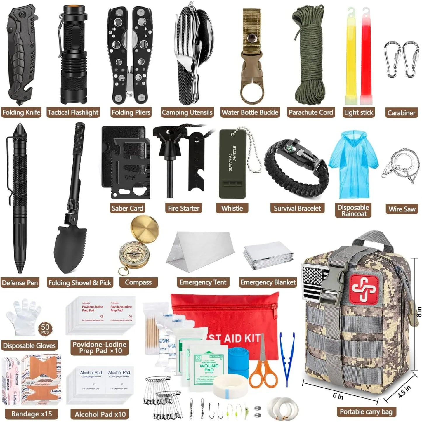 238Pcs Emergency Survival Kit With Tactical Molle Pouch And Tent
