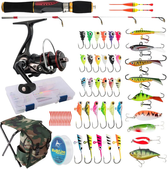 Ice Fishing Rod And Reel Combo With Backpack Seat And Lures