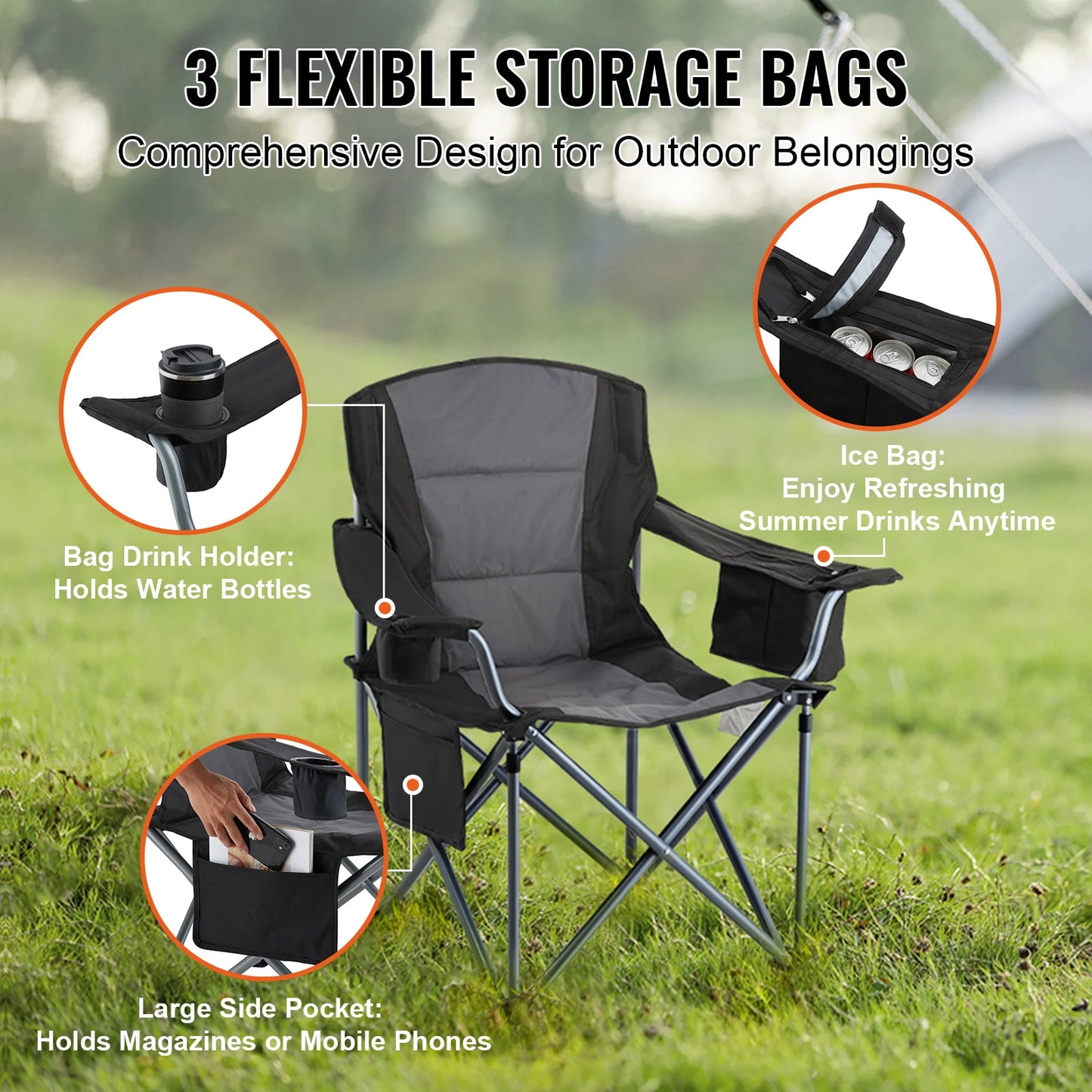 VEVOR Outdoor Folding Camping Chair Lumbar Support With Side Pockets