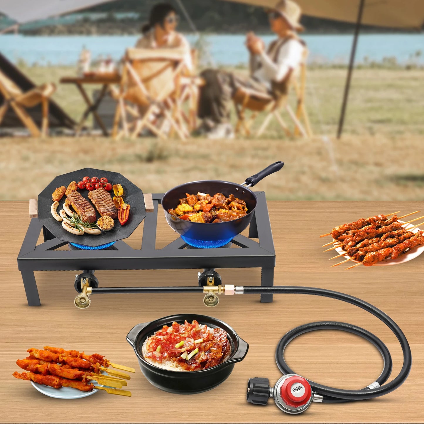 NONED Double Propane Gas Burner Stove For Camping Regulator Hose