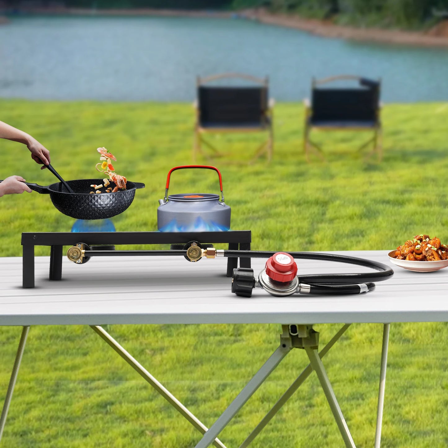 NONED Double Propane Gas Burner Stove For Camping Regulator Hose