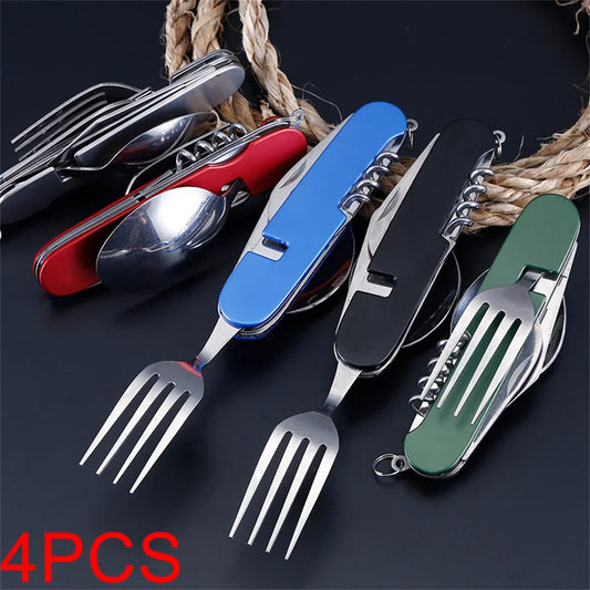 4 In 1 Foldable Camping Cutlery Set With Bottle Opener