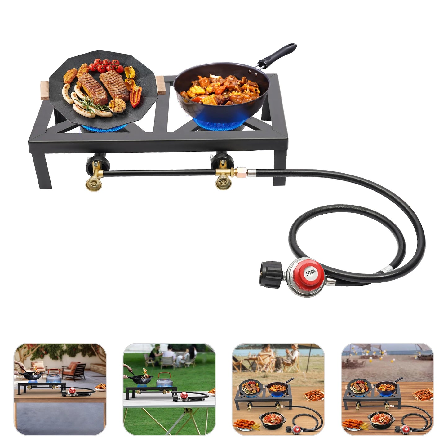 NONED Double Propane Gas Burner Stove For Camping Regulator Hose