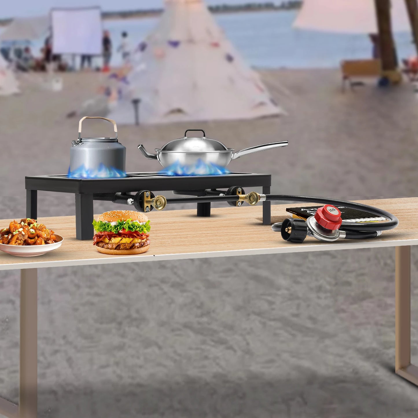 NONED Double Propane Gas Burner Stove For Camping Regulator Hose