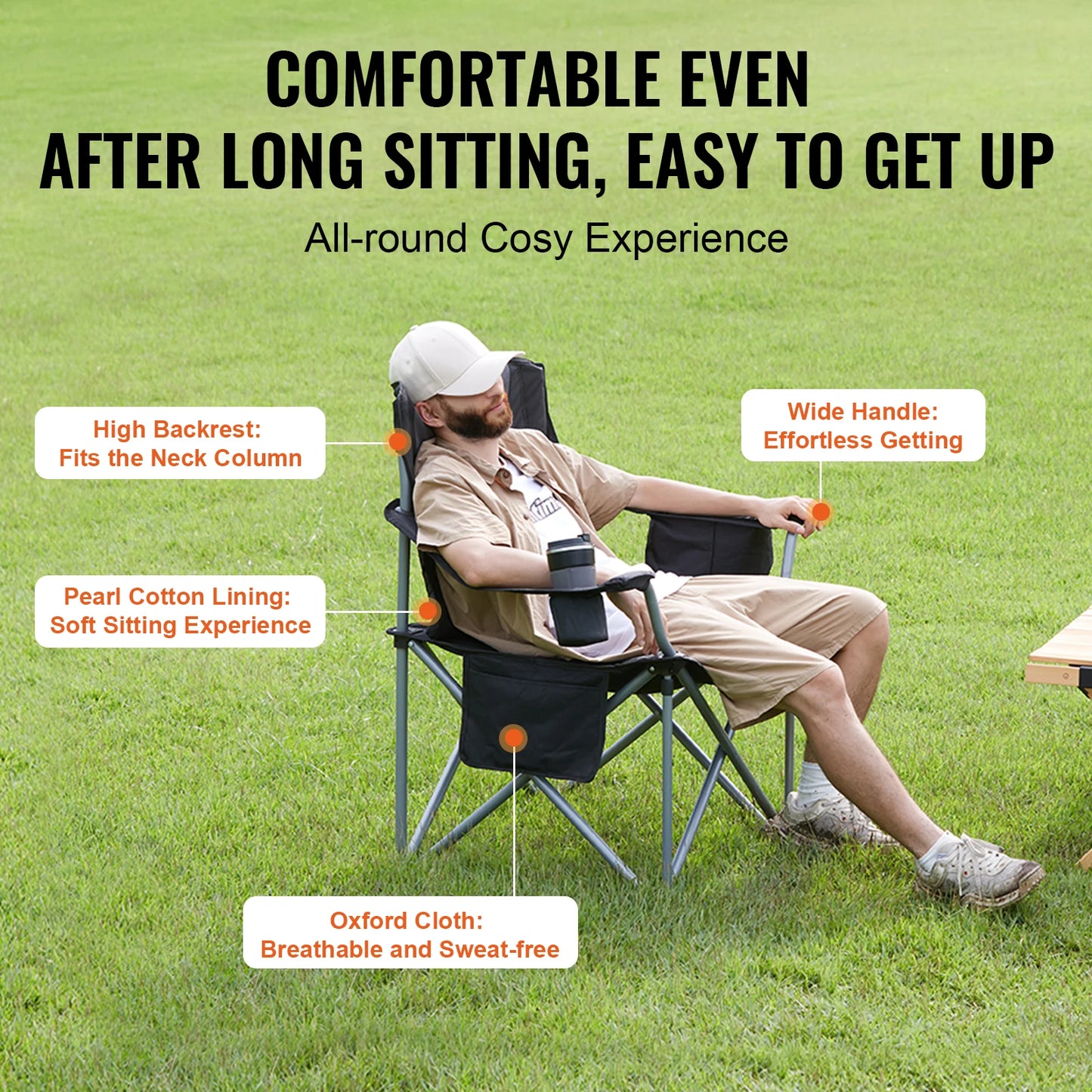 VEVOR Outdoor Folding Camping Chair Lumbar Support With Side Pockets